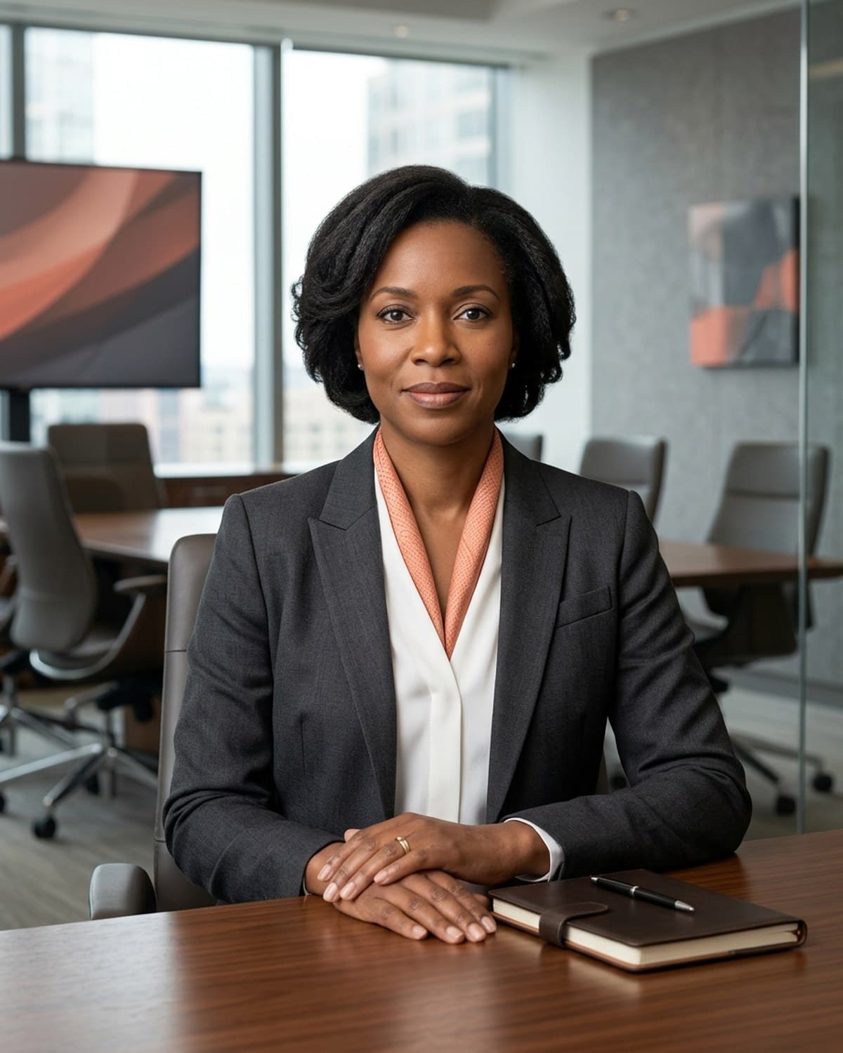 Boardroom Formal — Formal executive portrait. Suit, controlled lighting, traditional crop. Built for company pages and investor decks.